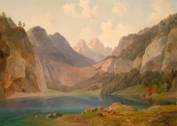 Paesaggio montano con gregge di animali a riposo in primo piano